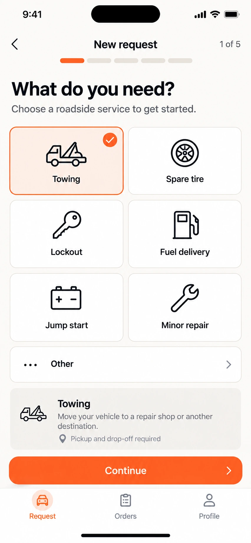 iPhone concept: service selection with Towing selected, plus Spare tire, Lockout, Fuel delivery, Jump start, Minor repair and Other.