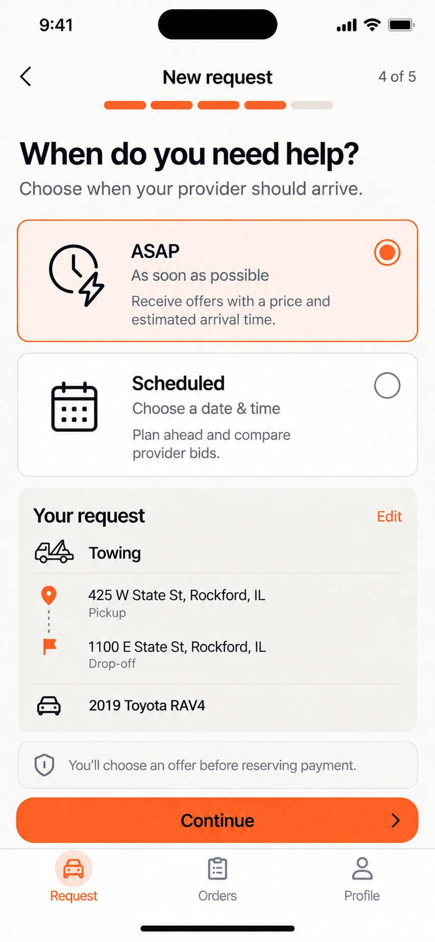 iPhone concept: ASAP and Scheduled request modes, with pickup and drop-off addresses in Rockford, Illinois.