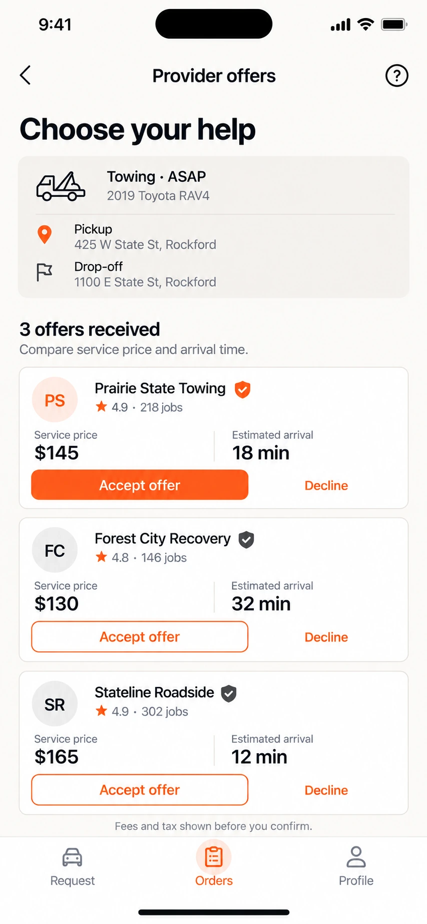 iPhone concept: three illustrative ASAP towing offers showing company verification, ratings, service prices, arrival estimates and Accept or Decline actions.