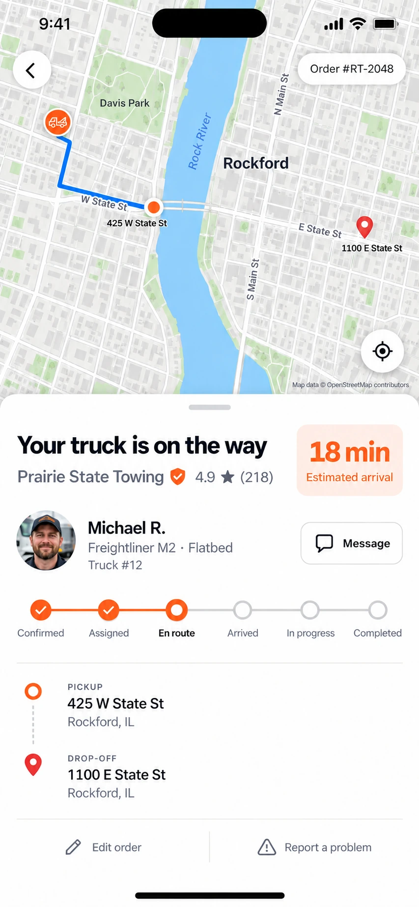 iPhone concept: detailed Rockford street map with a tow truck route to pickup, an 18-minute illustrative ETA, driver Michael R., both towing addresses and six job stages.