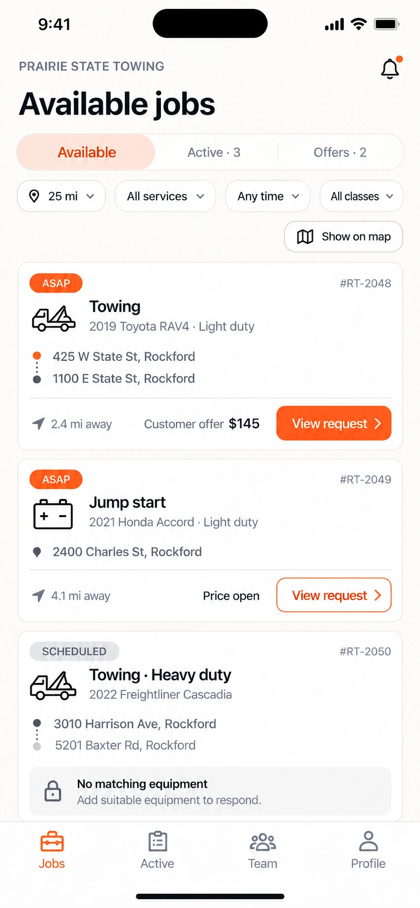 iPhone concept: dispatcher job list with radius, service, timing and duty-class filters, Show on map, towing and jump-start requests, and a locked equipment mismatch.