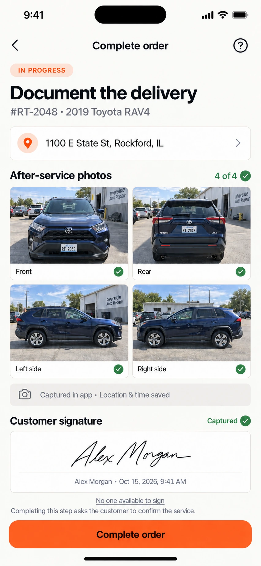 iPhone concept: driver completion screen with front, rear, left and right vehicle photos, capture metadata, customer signature and Complete order action.